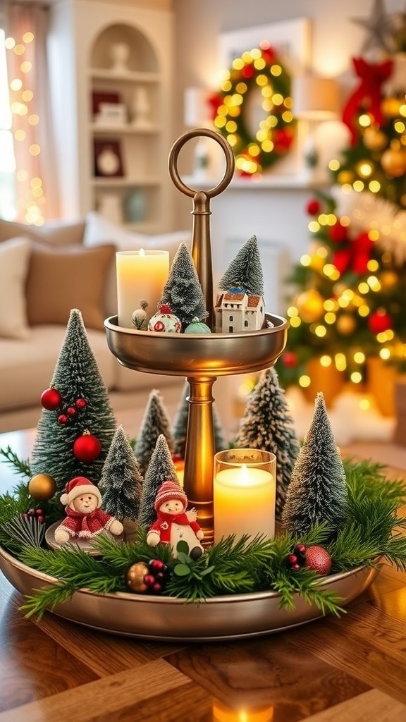 Festive Christmas Decorations for a Two-Tier Tray A two-tier tray decorated for Christmas with trees, ornaments, and candles in a festive setting.